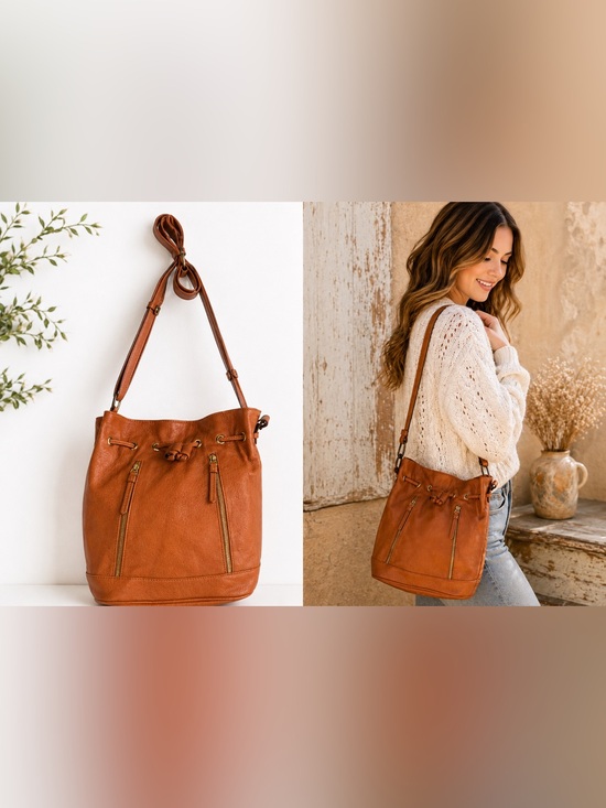 Handbags - Faux Leather Cognac Bucket Bag Drawstring Crossbody New w/ Plastic Hardware